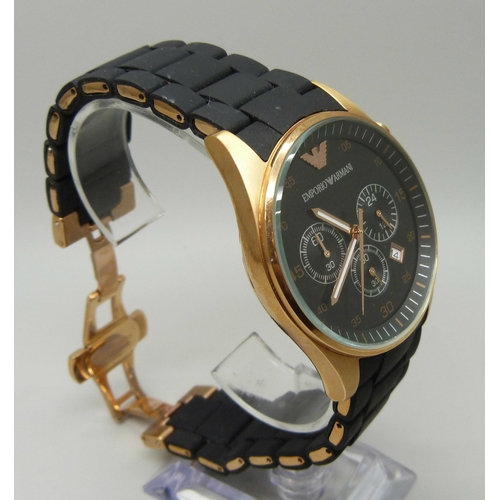 989 - A gentleman's rose gold plated Emporio Armani stainless steel quartz wristwatch with black dial