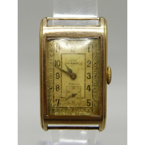 990 - A 9ct gold Tavannes Art Deco rectangular wristwatch, Glasgow import mark, 19mm case