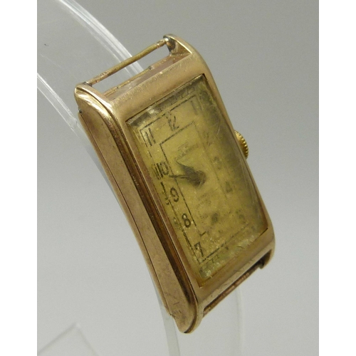 990 - A 9ct gold Tavannes Art Deco rectangular wristwatch, Glasgow import mark, 19mm case