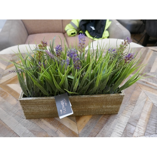 1429 - A display of faux lavender and onion grass in a wooden box, W 30cms (65880013)   #