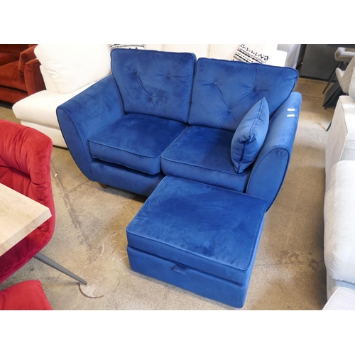 1504 - A Hoxton blue velvet two seater sofa and footstool  RRP £998