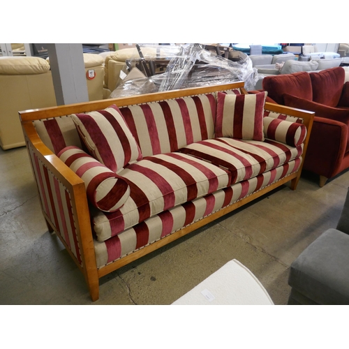 1506 - Artistic Upholstery, burgundy and grey velvet three seater sofa with interior springs and semi expos... 