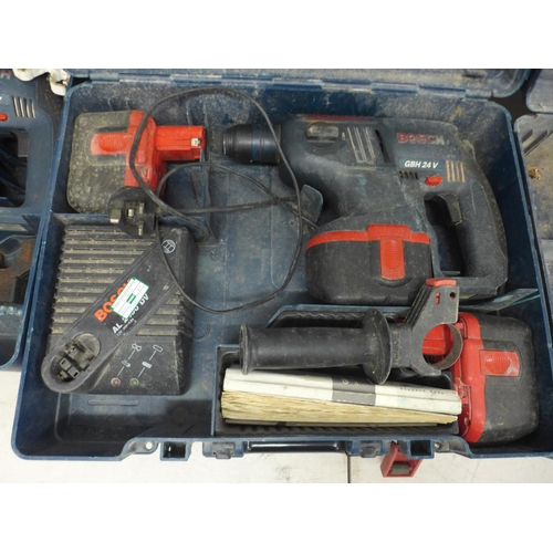 2001 - Three Bosch GBH 24v Bosch hammer SDS plus hammer drills, five batteries, two chargers and three dril... 