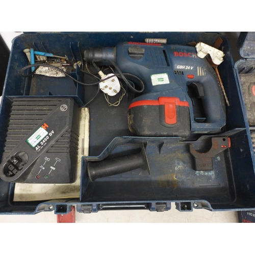 2001 - Three Bosch GBH 24v Bosch hammer SDS plus hammer drills, five batteries, two chargers and three dril... 