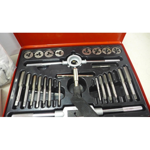 2034 - A box of assorted tools and consumables including G clamps, three Pifco 10m 4 socket extension reels... 