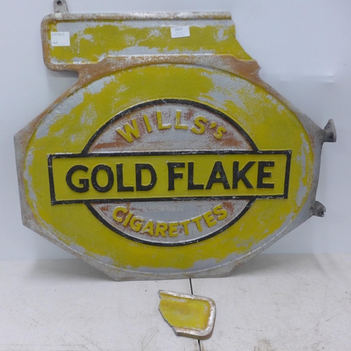 2047 - A large cast metal Wills's Gold Flake cigarettes wall sign - damaged