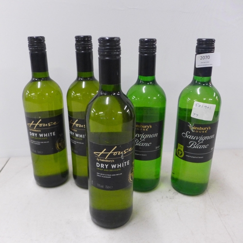 Five bottles of assorted white wine including Sainsburys House Sauvignon Blanc and dry white wine
