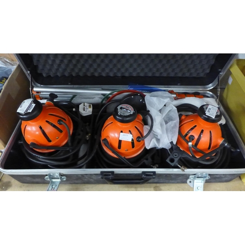 A set of three Ianebeam 800 Mod 3142.110 strand lights with floodlight and spotlight settings in a protective case
