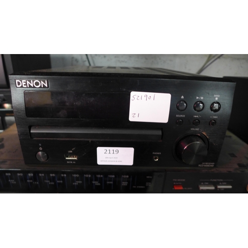 2119 - Stereo equipment including a Denon RCD-M39DAB CD receiver, a Hitachi FT-12 AM/FM stereo tuner, a Hit... 