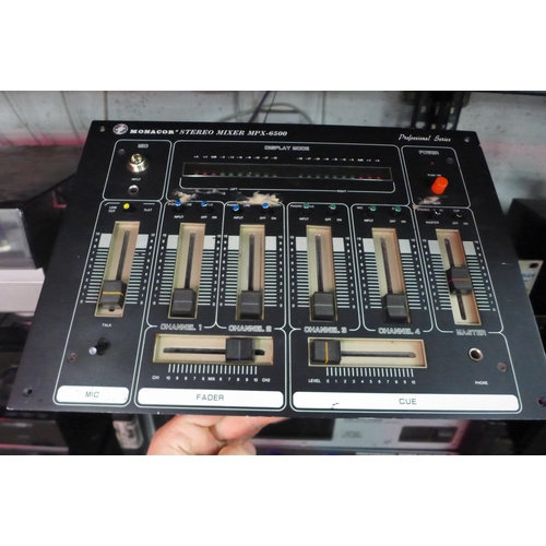 2130 - A quantity of stereo equipment including a Monacor Professional Series MPX-6500 stereomixer, a Furma... 