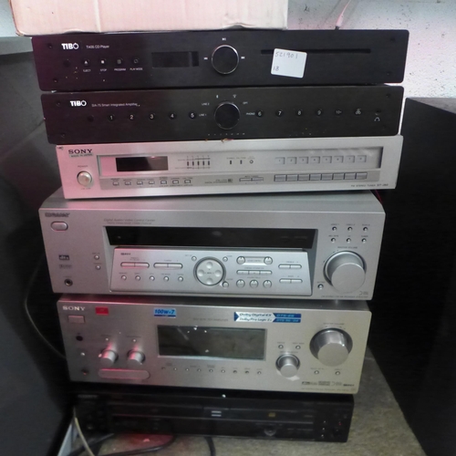 A quantity of mixed stereo equipment including a Tibo T1435 CD player, a Tibo S1A-75 Smart integrated amplifier, a Sony ST-J60 stereo tuner, a Sony STR-K740P FM stereo/FM-AM receiver, a Sony RCD-W100 compact disc recorder and a QTX DM-X3 RGB Par Can controller
