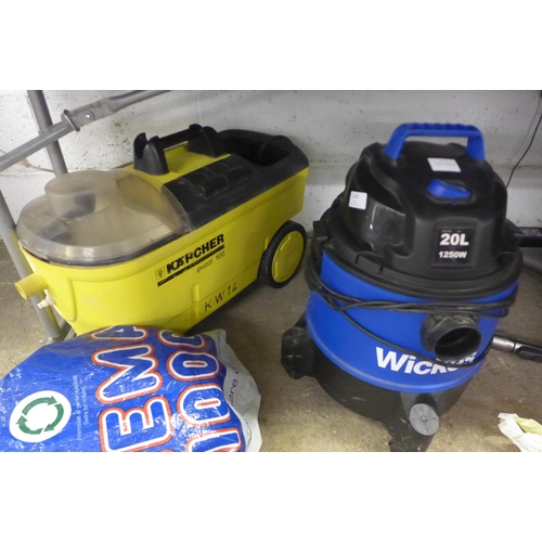 2160 - A Wickes Wet/Dry 20C 1250w vacuum cleaner with accessories and a Karcher Puzzi 100 steam cleaner