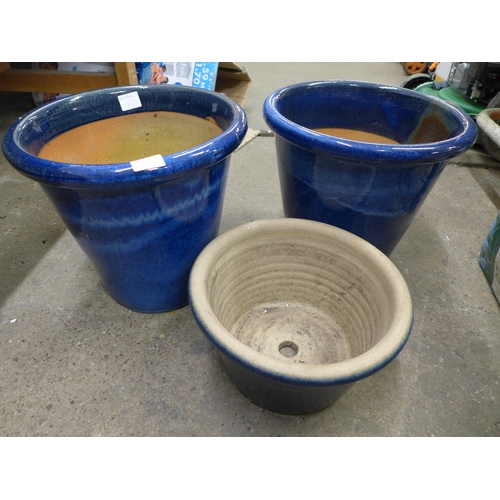 2228 - Three blue glazed planters