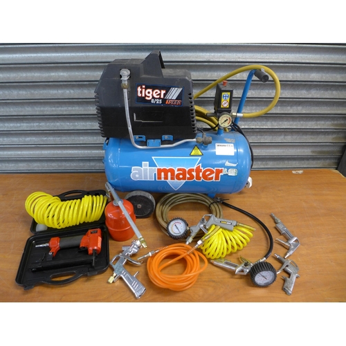 2248 - A Clarke Airmaster 240v electric air compressor with an air hose and a set of air tools.