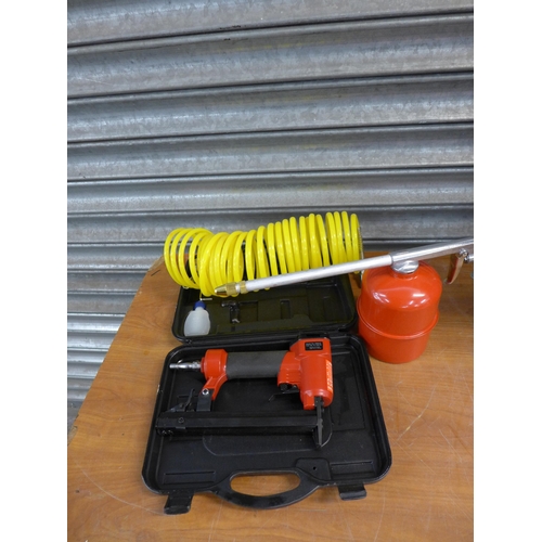 2248 - A Clarke Airmaster 240v electric air compressor with an air hose and a set of air tools.