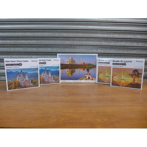 2259 - 5 x 1000 piece jigsaw puzzles; 2 Bavarian Castle, 2 Musee du Louvre and 1 Taj Mahal - sealed