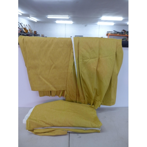 2328 - 2 x 240cm x 65cm cream and grey shag pile hall runner and two pairs of mustard yellow curtains