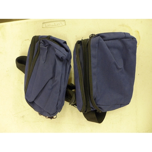 2330 - A box of approximately 40 blue fabric hip bags and a box of assorted workwear clothing