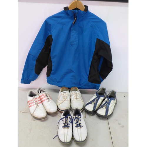 2334 - 4 Pairs of Junior golf shoes and a child's Sunderland golf jacket