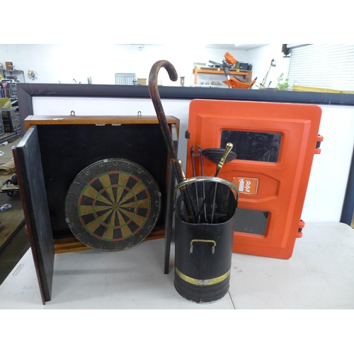 2372 - A large quantity of miscellaneous household items including a vintage dartboard and cabinet, a coal ... 