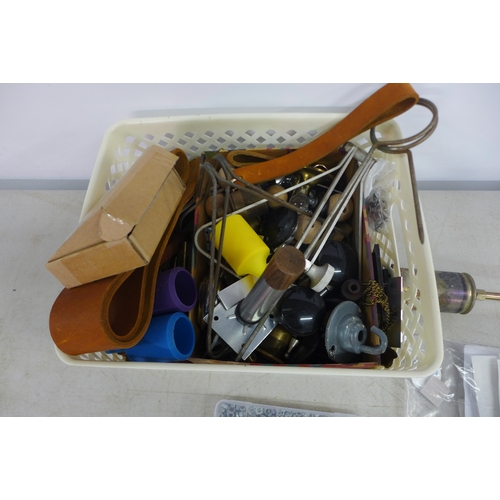 2023 - A large wooden box of DIY items including a leather carpenters double tool belt and consumables incl... 