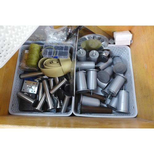 2023 - A large wooden box of DIY items including a leather carpenters double tool belt and consumables incl... 