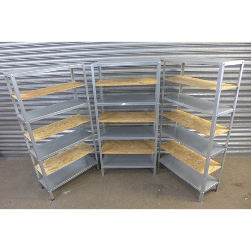 2242 - Three 6 shelf metal workshop racking bays with metal and chipboard shelving - 140 x 70 x 29cm