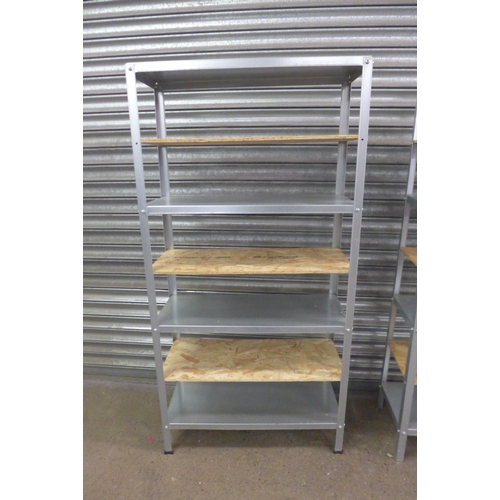 2242 - Three 6 shelf metal workshop racking bays with metal and chipboard shelving - 140 x 70 x 29cm