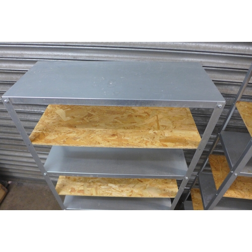 2242 - Three 6 shelf metal workshop racking bays with metal and chipboard shelving - 140 x 70 x 29cm