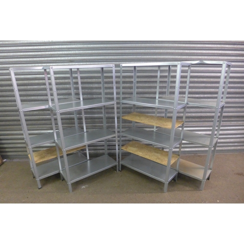 2243 - Four 3 shelf metal workshop racking bays with 3 additional chipboard shelves - 140 x 70 x 29cm