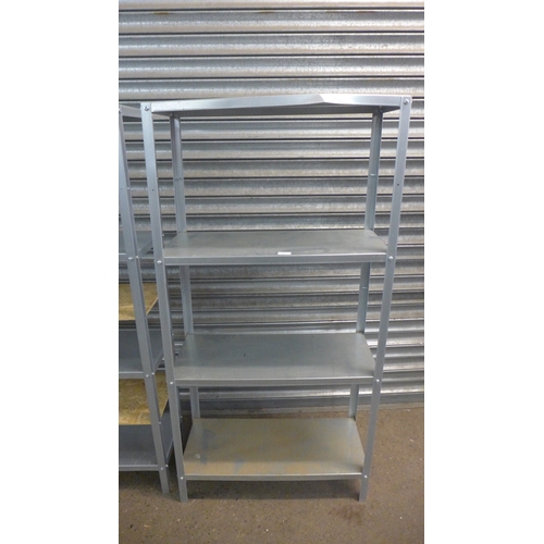 2243 - Four 3 shelf metal workshop racking bays with 3 additional chipboard shelves - 140 x 70 x 29cm