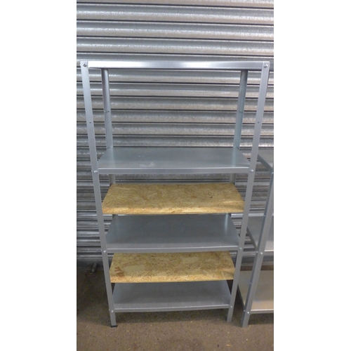 2243 - Four 3 shelf metal workshop racking bays with 3 additional chipboard shelves - 140 x 70 x 29cm