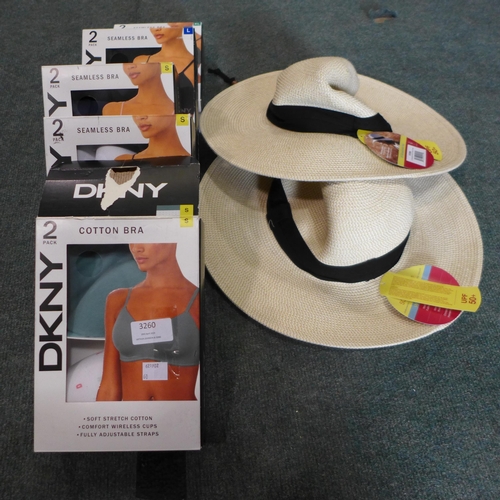 3260 - Five pack's of ladies DKNY cotton bra's - Mixed sizes and Two UV sun hats. *This lot is subject to V... 