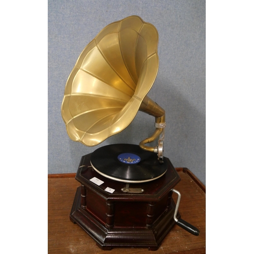 352 - A beech table top gramophone, with octagonal brass speaker horn