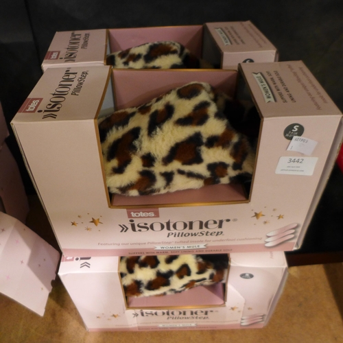 3442 - Four pairs of ladies Totes slippers - All size small (UK 3-4) - Leopard print. * This lot is subject... 