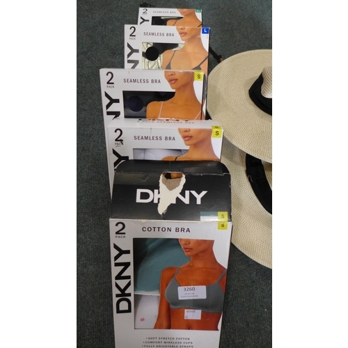 3260 - Five pack's of ladies DKNY cotton bra's - Mixed sizes and Two UV sun hats. *This lot is subject to V... 