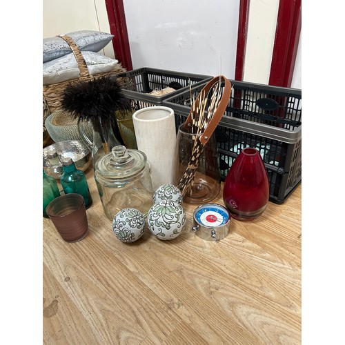 2325 - 3 Boxes of assorted decorative items including glassware, a fur rug, vases, etc.