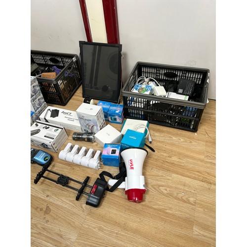 2326 - 2 Boxes of assorted items including 4 Retevis 2-way radios, Samsung smart phone and tablet, an Amazo... 