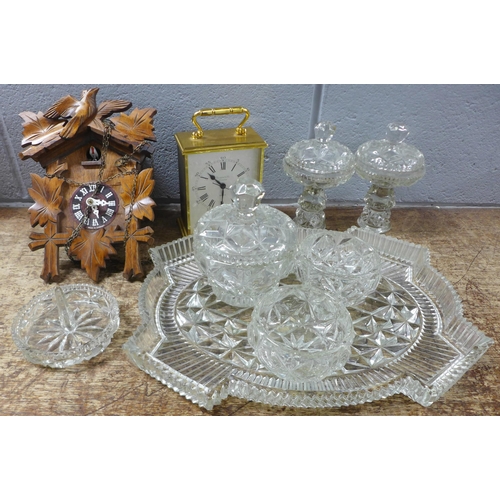 A vintage glass dressing table set, a cuckoo clock and a Garrard quartz  table clock **PLEASE NOTE TH