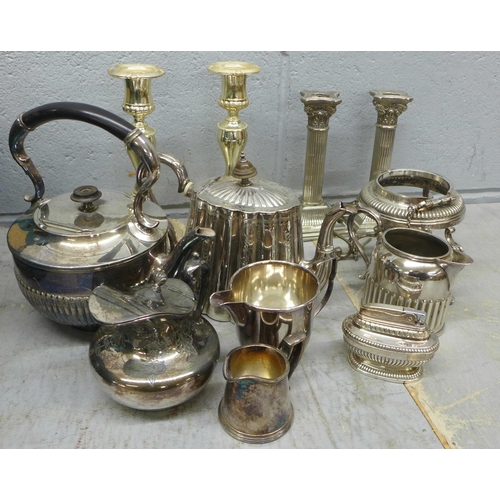 1154 - A collection of plated ware, etc., including a spirit kettle and candlesticks **PLEASE NOTE THIS LOT... 