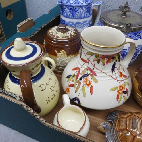 1156 - A Royal Doulton tobacco jar and cover, a Doulton Lambeth relief moulded jug, Doulton Burslem biscuit... 