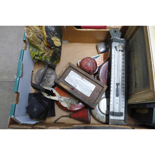 1160 - A box of assorted items, surveyor's tape measures, railway lamp, woodpecker figure, lady's umbrella,... 