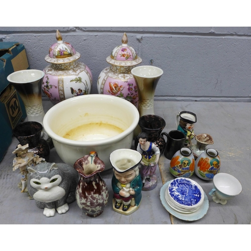 1167 - A box of mixed china including a pair of German porcelain vases and covers, one a/f **PLEASE NOTE TH... 