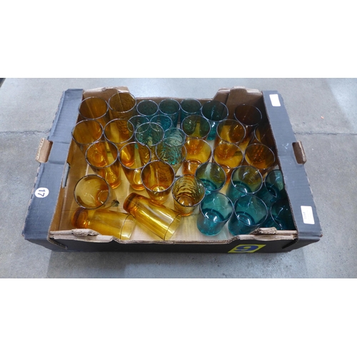 1168 - A box of coloured drinking glasses, five different sets, odd numbers, including French **PLEASE NOTE... 