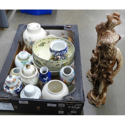 1169 - Two oriental moulded resin figures and a collection of ginger jars, bowls, Royal Doulton, etc. **PLE... 