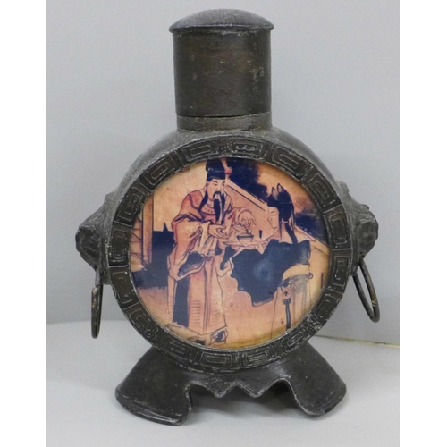 634 - A Chinese Qing Dynasty style pewter moon flask