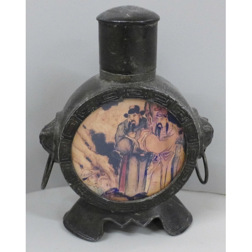 634 - A Chinese Qing Dynasty style pewter moon flask