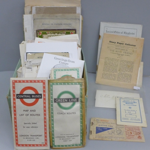 689 - Paper ephemera; a box of paper ephemera, 1800s onwards