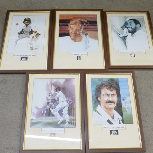 715 - Five framed cricketer prints including Lillie, Richards, Botham