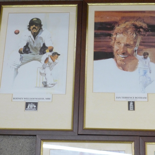 715 - Five framed cricketer prints including Lillie, Richards, Botham